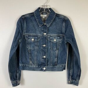 Topshop Women's Medium Wash Blue Denim Trucker Cropped Western Jacket Pockets 4